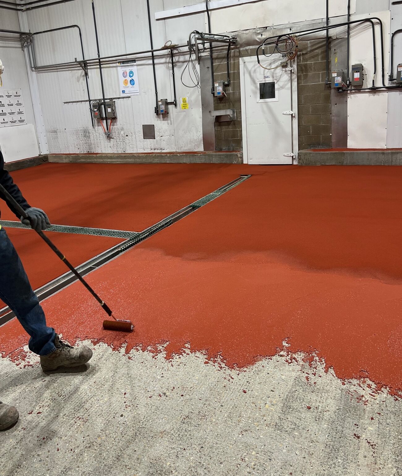 Worker rolling SaniCrete SL with large colored quartz aggregate broadcast for maximum slip resistance