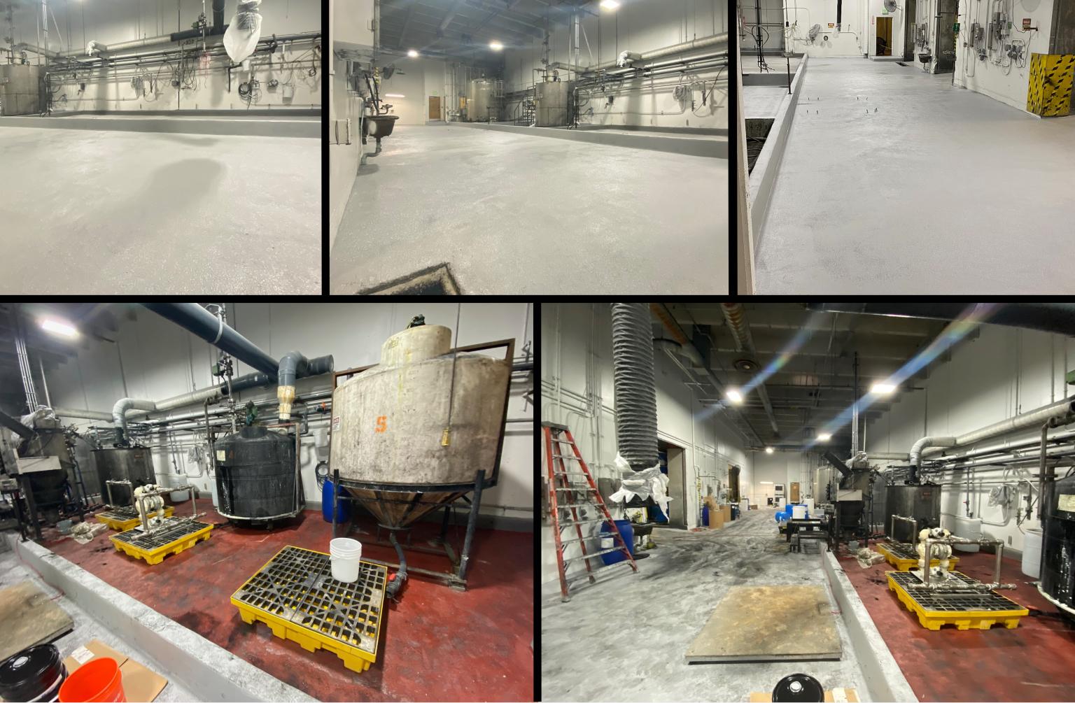 Restored chemical processing facility with seamless SaniCrete SL floor