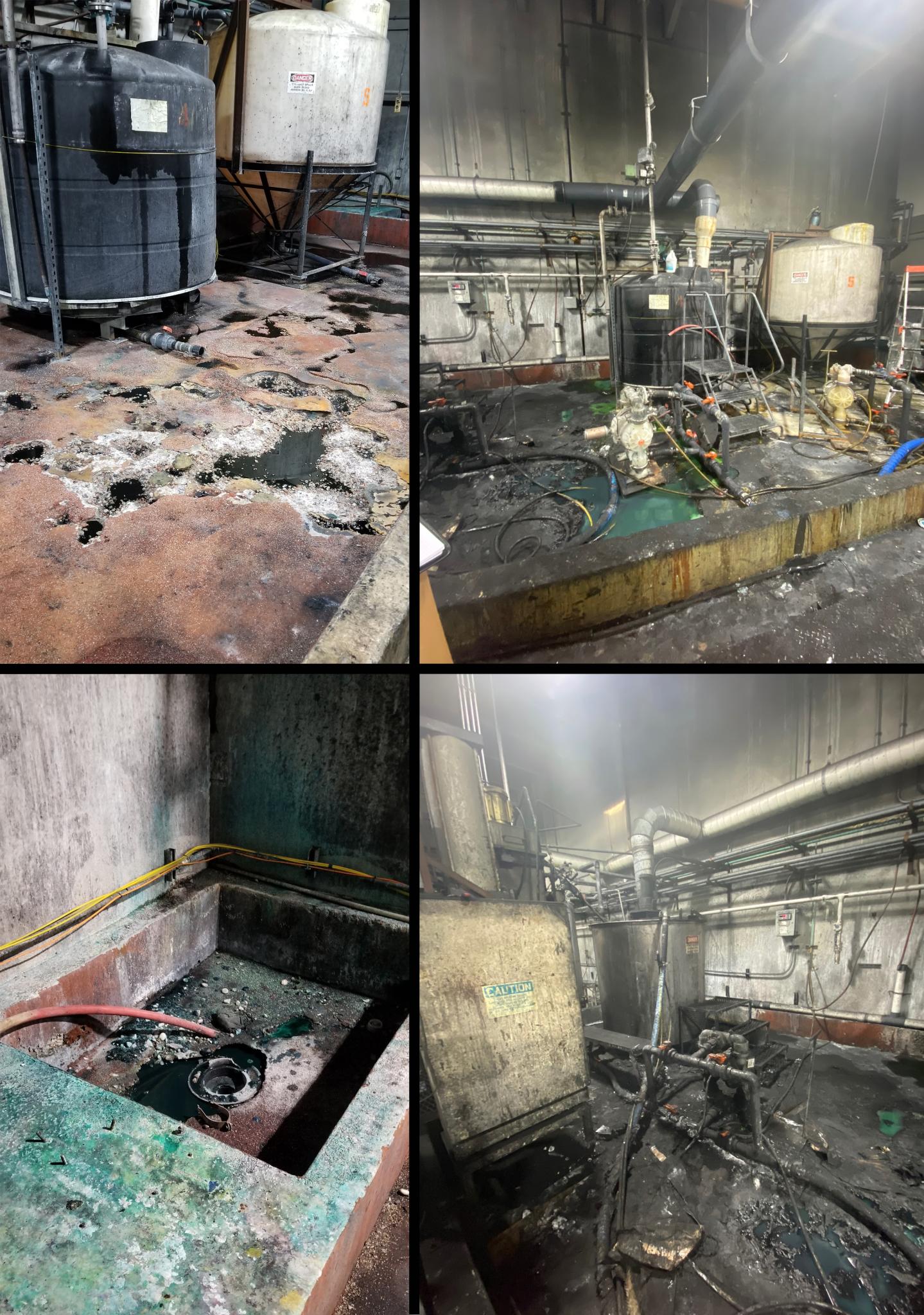 Severely corroded chemical processing floor with acid damage