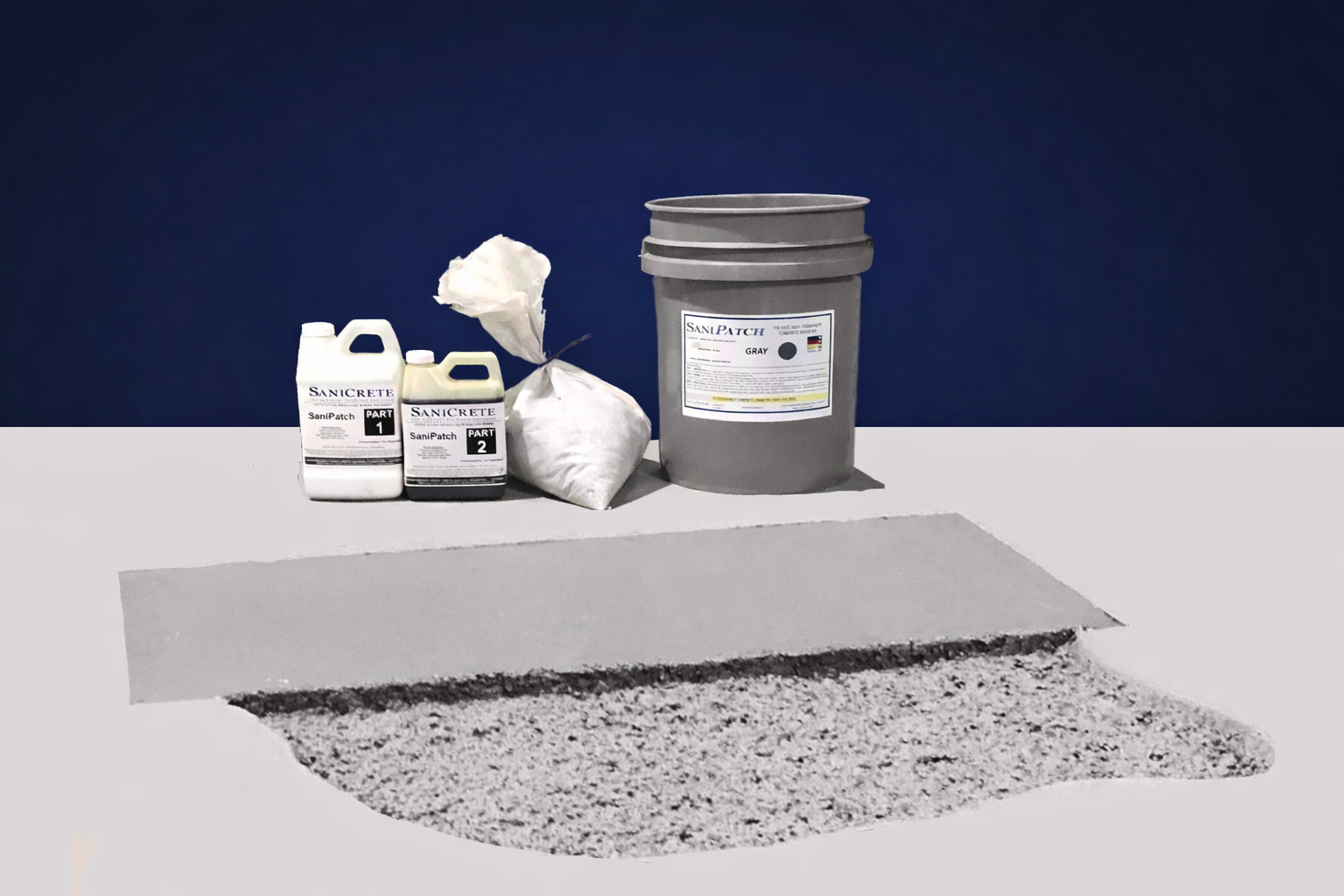 SaniPatch DIY concrete repair kit with Part 1 resin, Part 2 hardener, aggregate filler, and 5-gallon mixing bucket showing patched floor