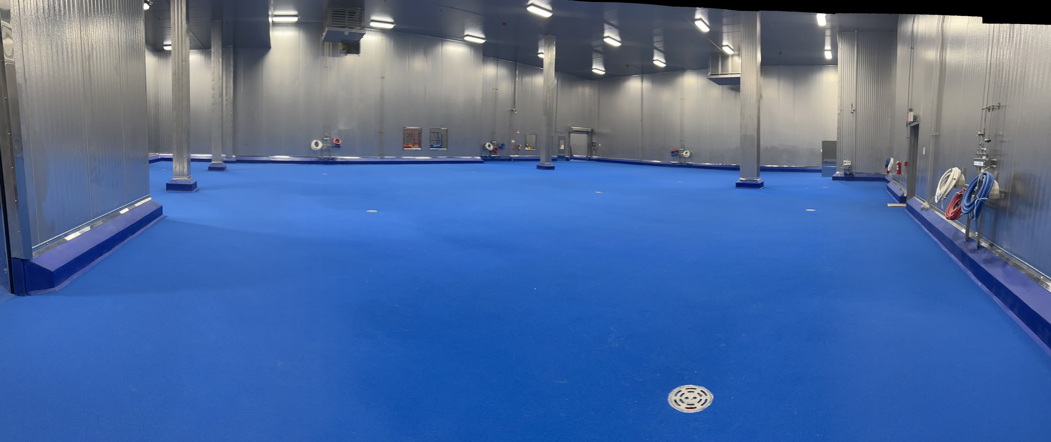 Completed SaniCrete blue flooring in a seafood processing facility with cove base and sanitary drain